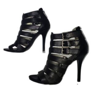 GUESS Black Leather Strappy Cage Buckle High Heel Bootie Shoes Womens Size 7